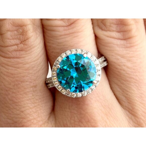 Blue Topaz Semi-Precious Round Cut Halo 925 Sterling Silver Vintage Ring - sz 8 - Picture 1 of 10